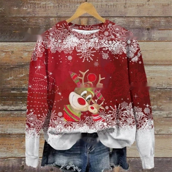 Autumn And Winter Ladies Funny Print Christmas Holiday Casual Round Neck Sweater