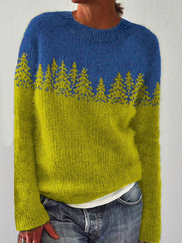 Thick Needle Fabric Printed Women's Round Neck Sweater