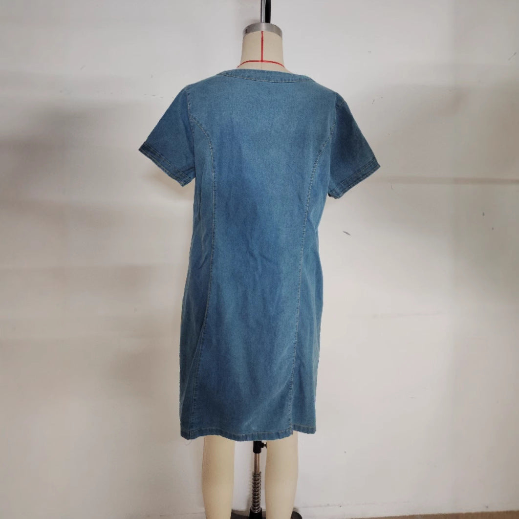 Women's V-neck Pleated Short-sleeved Dress