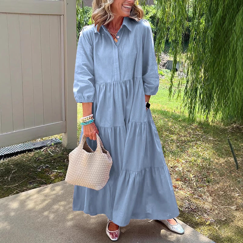 Casual Loose Lapels Mid-sleeve Large Swing Dress