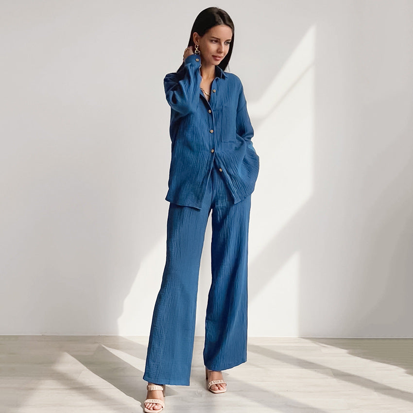 Shirt Crepe Cotton Pajamas Can Be Outer Wear Trousers Loose Two-piece Suit