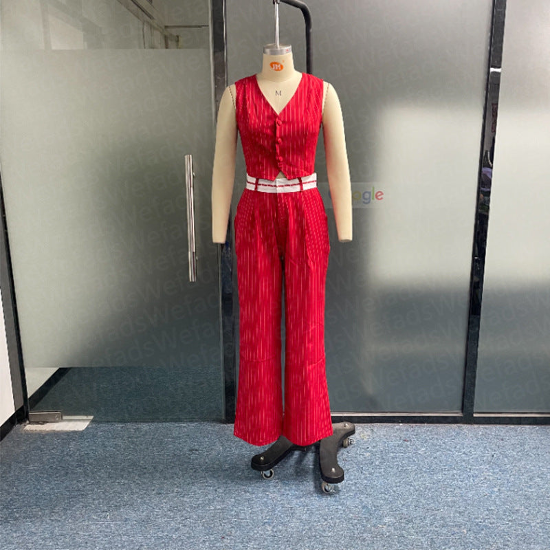 Leisure V-neck Sleeveless Striped Vest Straight Leg Pants Set