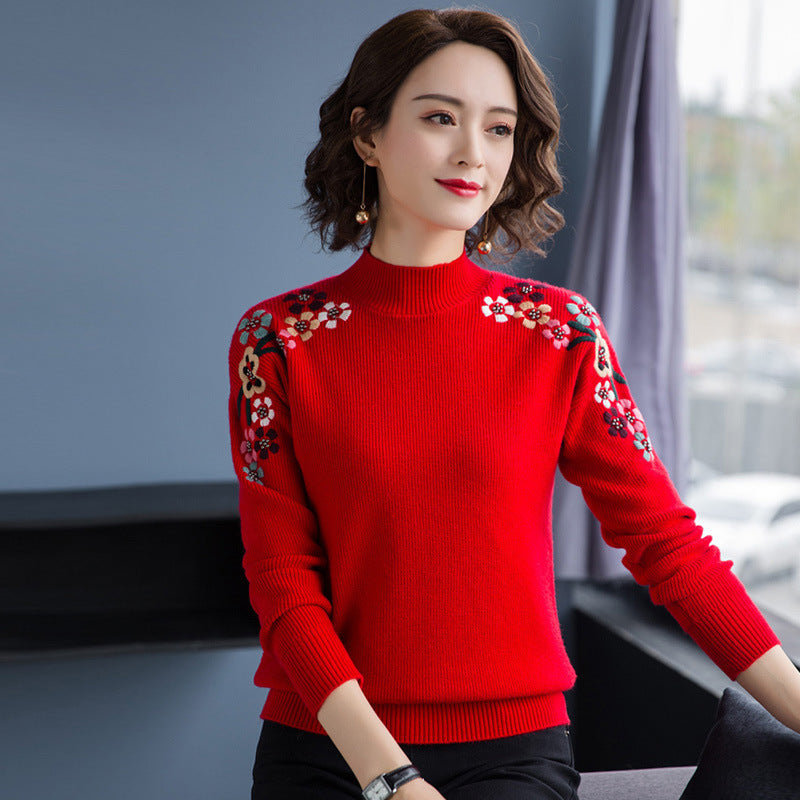 Knitted Pullover Sweater Female Loose Mock Neck