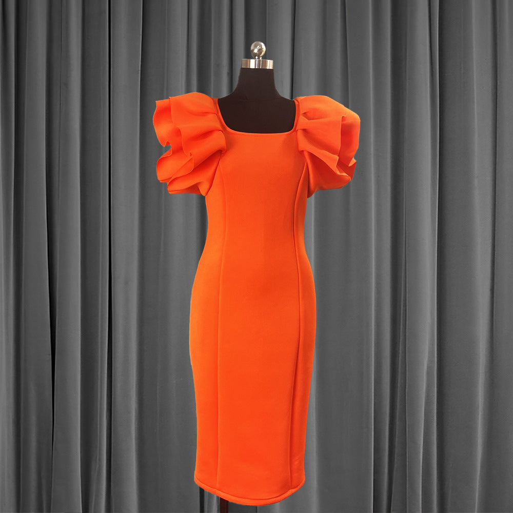 Elegant Orange Dress With Wood Ear Sleeves And High Waist Slimming