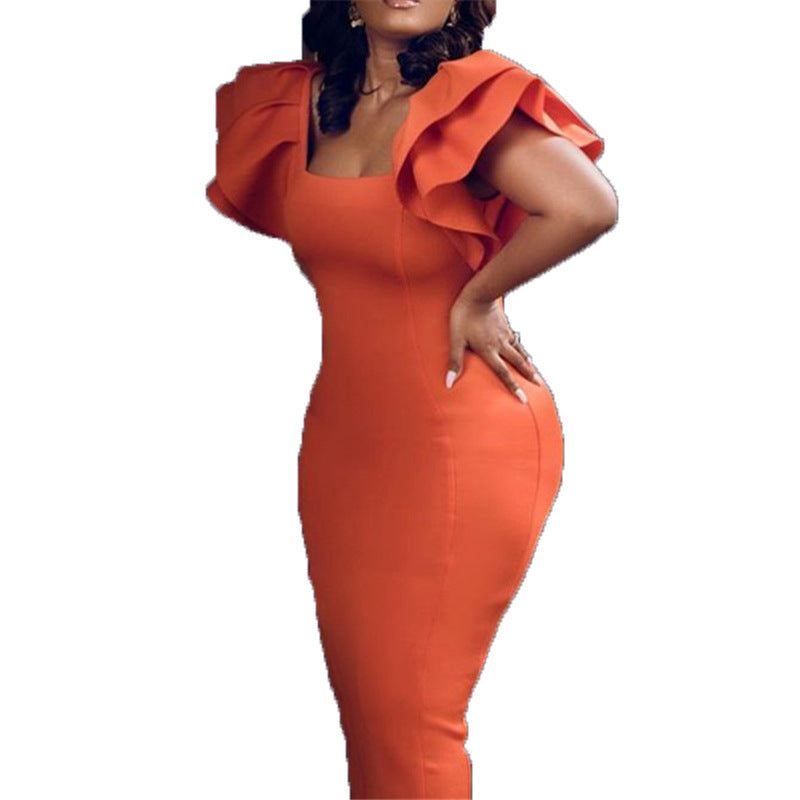 Elegant Orange Dress With Wood Ear Sleeves And High Waist Slimming
