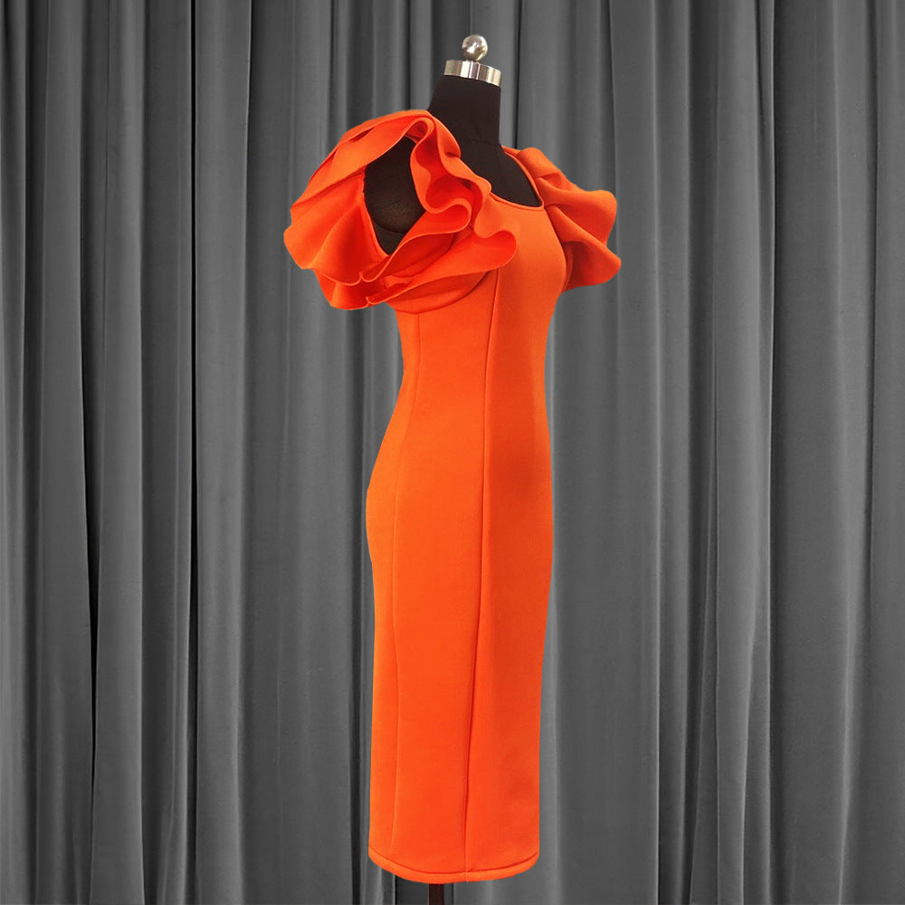 Elegant Orange Dress With Wood Ear Sleeves And High Waist Slimming