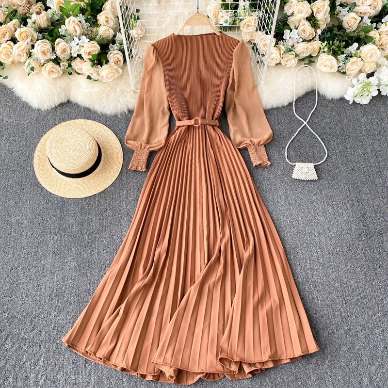 Pleated Waist Slimming Light Mature Dress