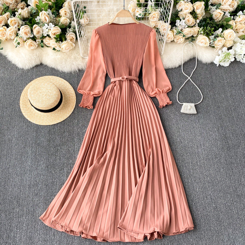 Pleated Waist Slimming Light Mature Dress