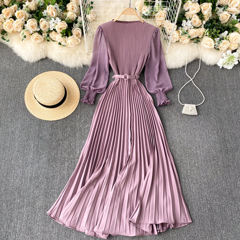 Pleated Waist Slimming Light Mature Dress