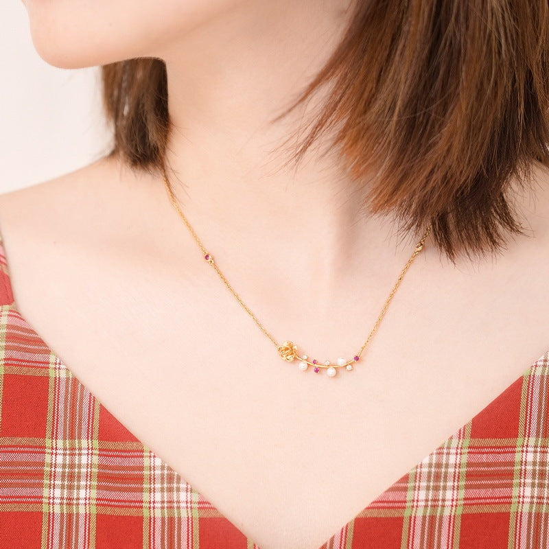 925 Sterling Silver Custom Inlaid Red Corundum Short Literary Style Clavicle Chain