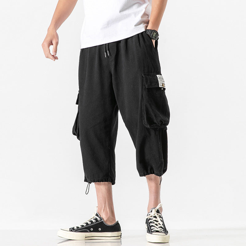 Summer New Men's Wear Japanese Casual Loose Size Drawstring Tooling Capris