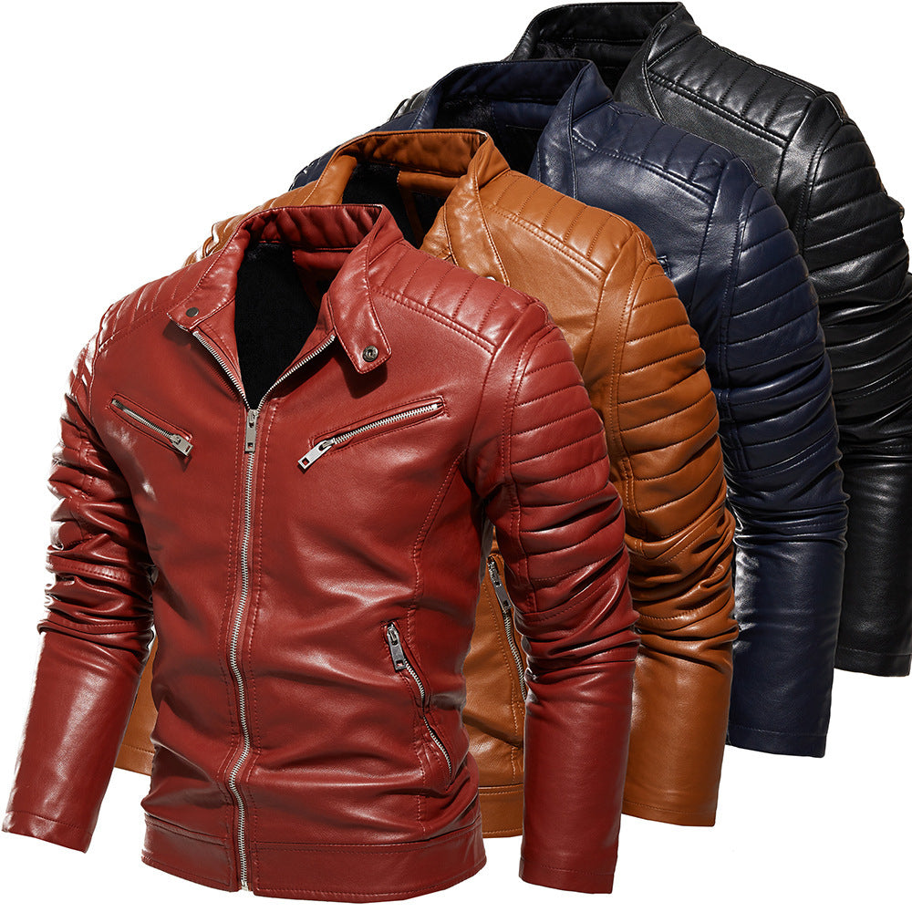 Solid Color Men's Pu Leather Jacket Motorcycle Suit