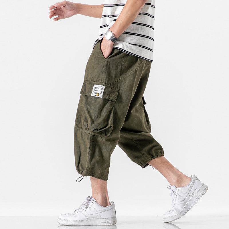 Summer New Men's Wear Japanese Casual Loose Size Drawstring Tooling Capris