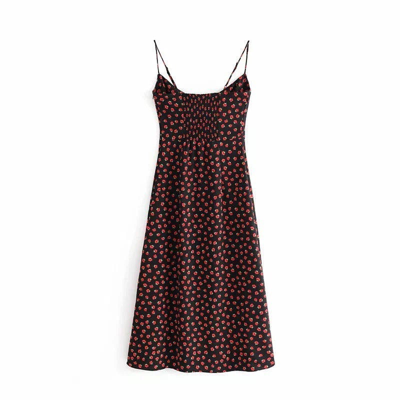 Retro Black Floral Slim-Fit Lace-Up Suspender Dress