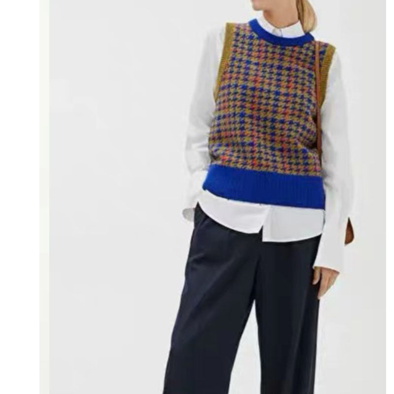 Houndstooth Purple Green Check Wool Vest