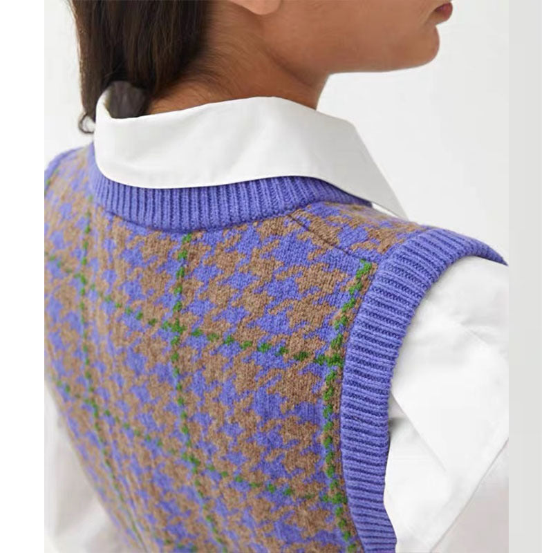 Houndstooth Purple Green Check Wool Vest