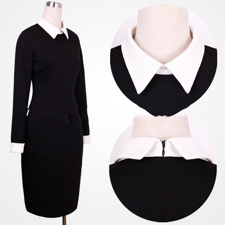 Cross-Border Black And White Long-Sleeved Lapel Slim Fit Hip Dress Pencil
