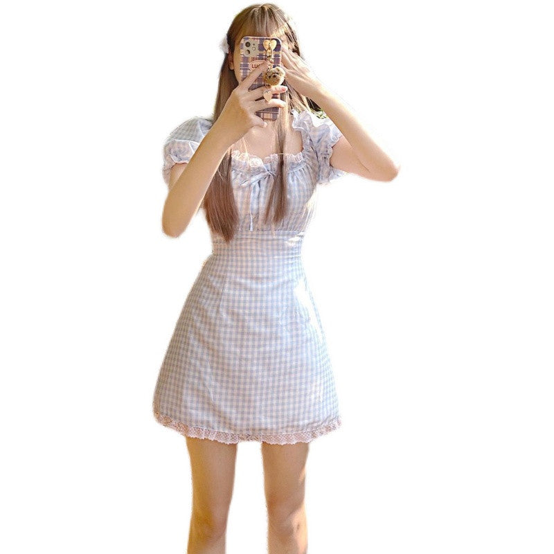 Girly Style Lace Puff Sleeve Blue Plaid Dress