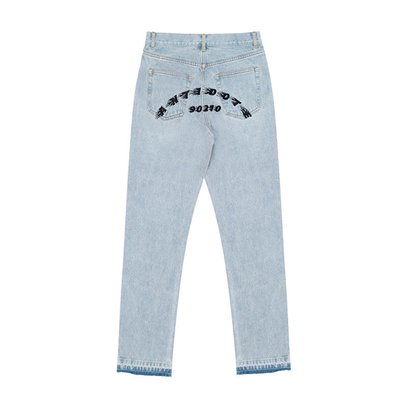 Washed Blue Frayed Edging Distressed Embroidered Straight-leg Jeans