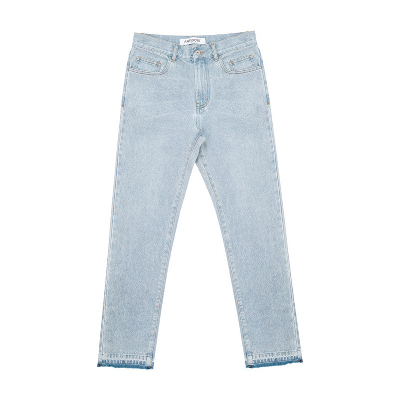 Washed Blue Frayed Edging Distressed Embroidered Straight-leg Jeans