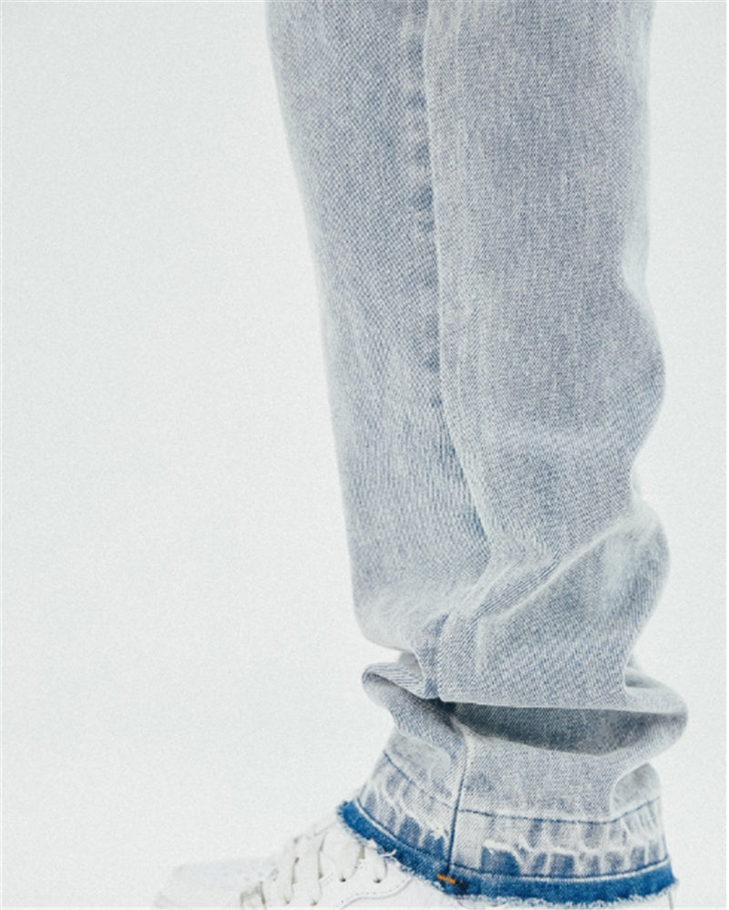 Washed Blue Frayed Edging Distressed Embroidered Straight-leg Jeans