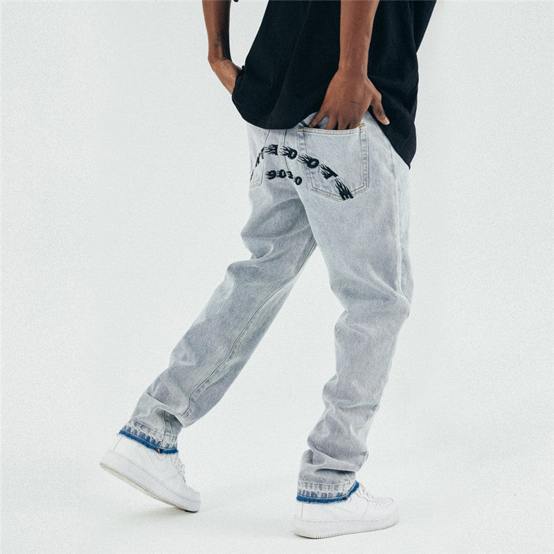 Washed Blue Frayed Edging Distressed Embroidered Straight-leg Jeans