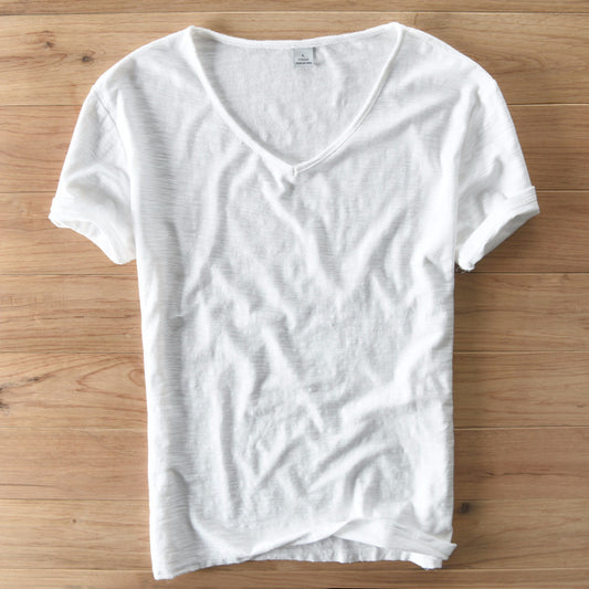 Men'S Cotton Linen T-Shirt Short Sleeve V-Neck Breathable Loose Soft White Asian Size