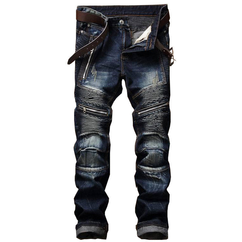 Men's Jeans Fashion Snowflake Fold Slim Fit Motorcycle Small Straight Trousers