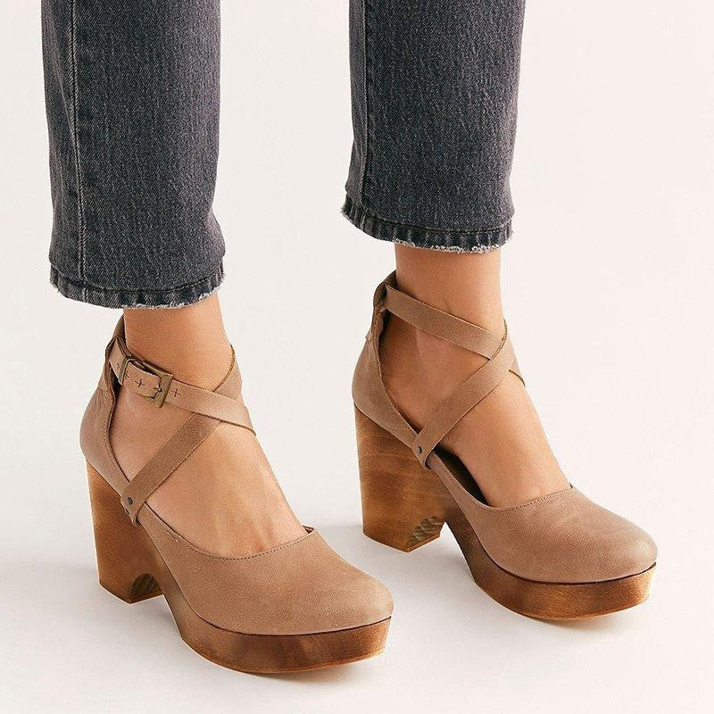 Buckle Cross Strap High Thick Heel Sandals Women