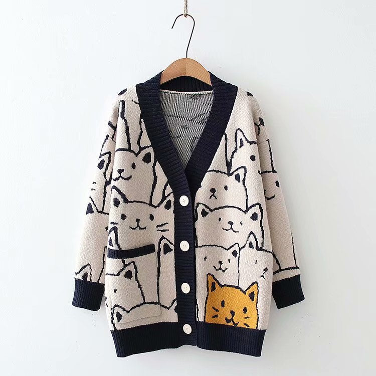 Sweet Outer Wear Knitted Jacquard Full-body Cartoon Cat Single-breasted Cardigan Sweater