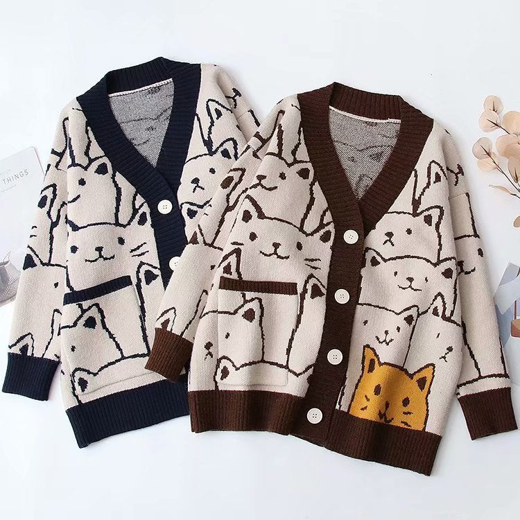 Sweet Outer Wear Knitted Jacquard Full-body Cartoon Cat Single-breasted Cardigan Sweater