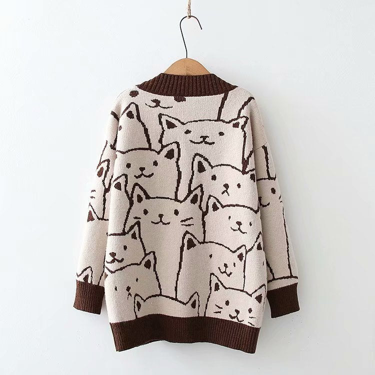 Sweet Outer Wear Knitted Jacquard Full-body Cartoon Cat Single-breasted Cardigan Sweater