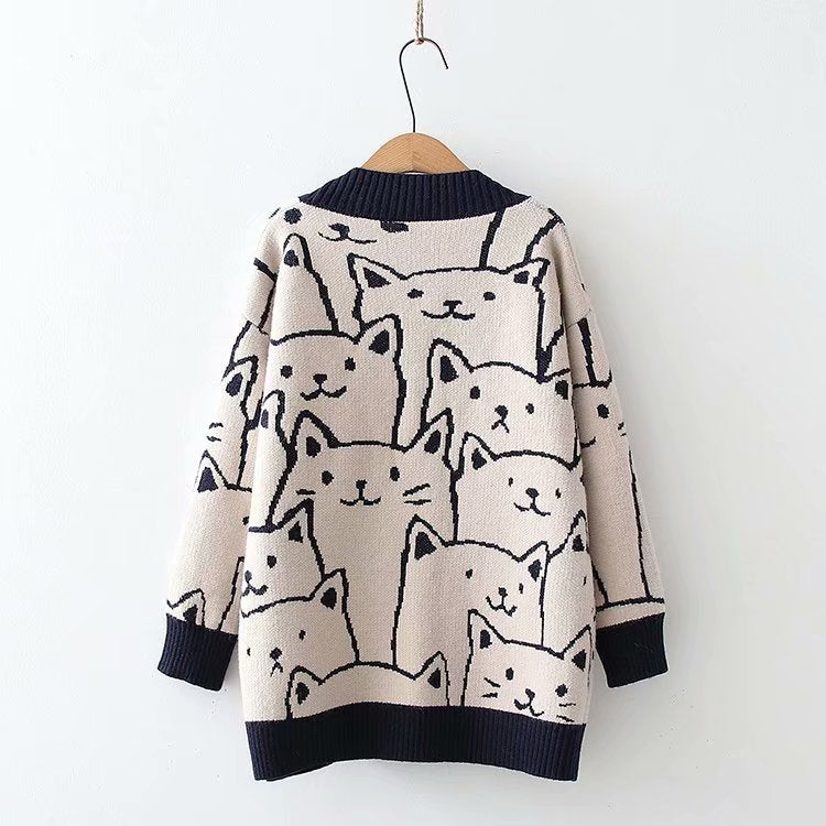 Sweet Outer Wear Knitted Jacquard Full-body Cartoon Cat Single-breasted Cardigan Sweater