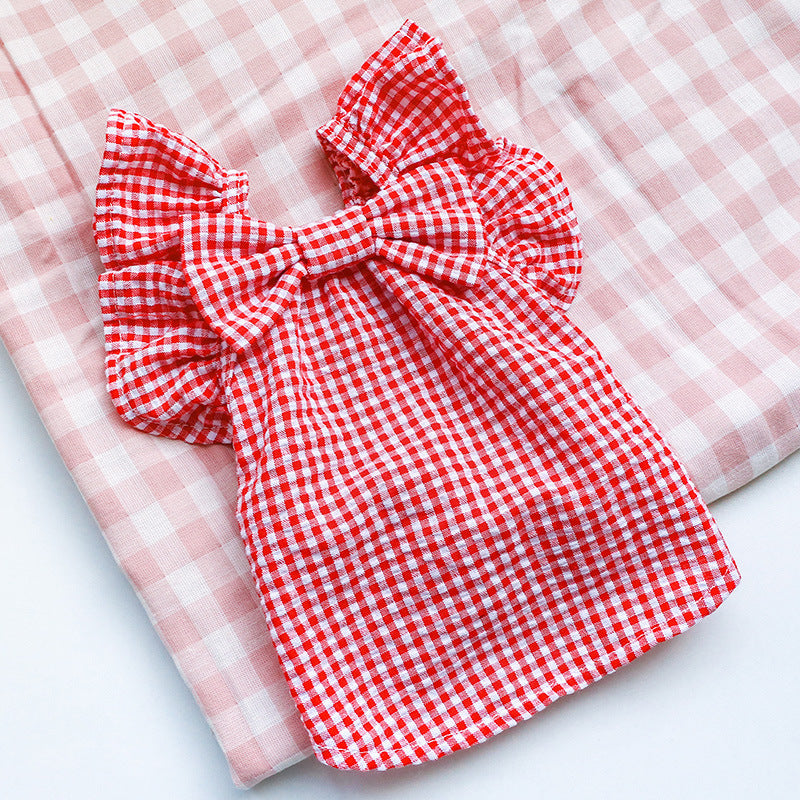 Pet Clothes Red Check Bowknot Pet Clothes Baby Shirt