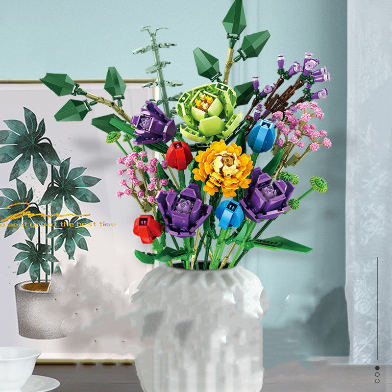 Flower Model Girl Adult Puzzle Assembly Assembling Bouquet Building Block Toy