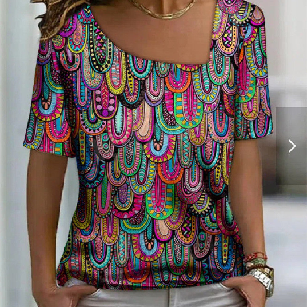 Women's Fashion Irregular Collar Printed T-shirt