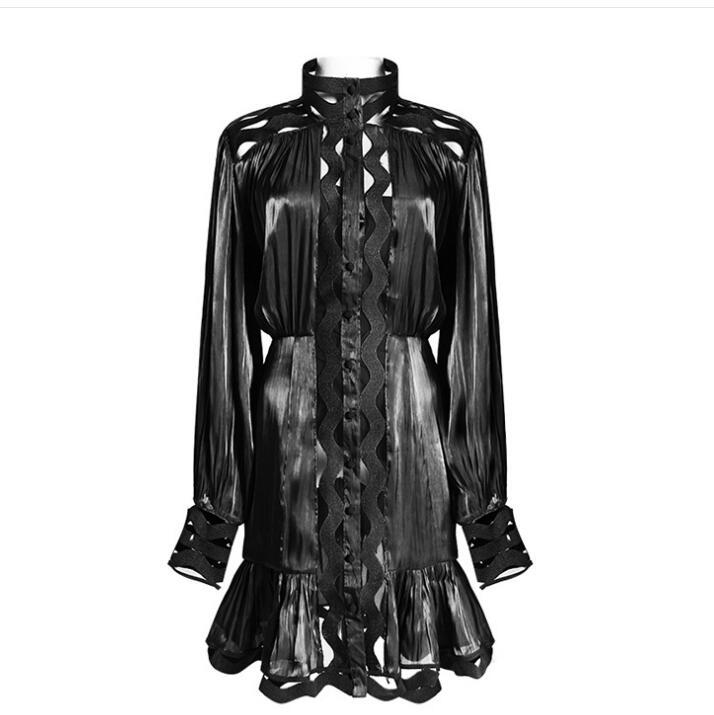 Korean version of the temperament solid color hollow wavy striped stand collar long-sleeved shirt fishtail dress