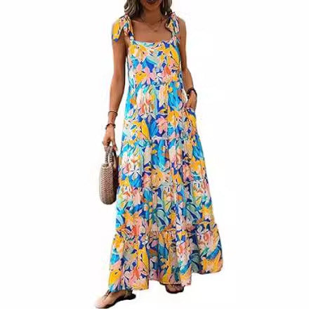 Spaghetti Strap Sleeveless Printed Pocket Side Zipper Layered Dress