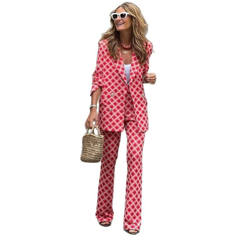 Women's Digital Printing Suit Long-sleeved Cardigan Trousers Suit
