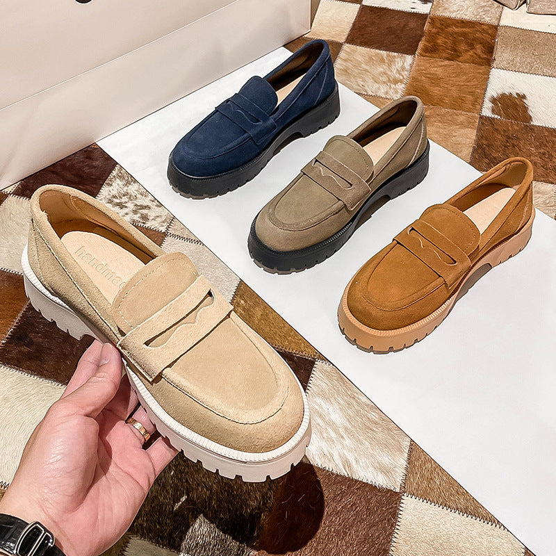 Loafers Comfort And Casual Matte Cowhide British Style Women's Shoes Chunky Heel Platform Slip-on Retro