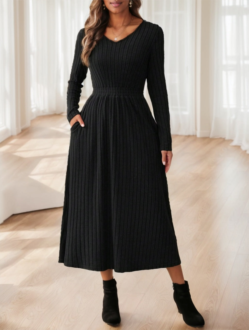 Women's Fall Solid Color Casual Long Sleeve Midi Dress With Belt Decoration