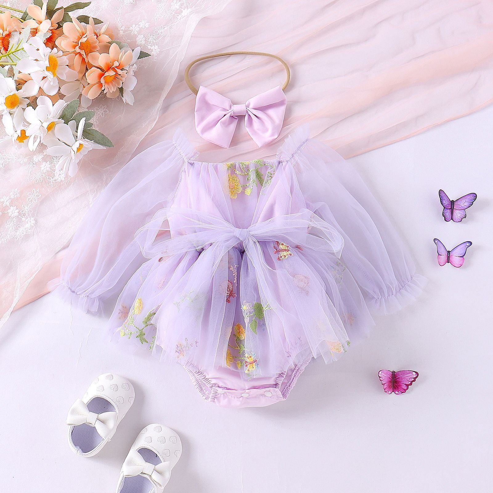 Baby Girl Jumpsuit Infant Long Sleeve Mesh Flower Embroidered Skirt Bottom-covering Rompers