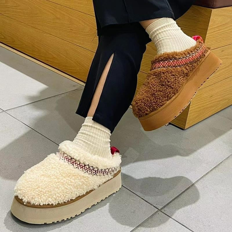 Thick Bottom Increased Closed Toe Fluffy Slippers Wear Velvet Thermal Non-slip Cotton Shoes