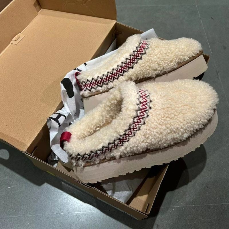 Thick Bottom Increased Closed Toe Fluffy Slippers Wear Velvet Thermal Non-slip Cotton Shoes