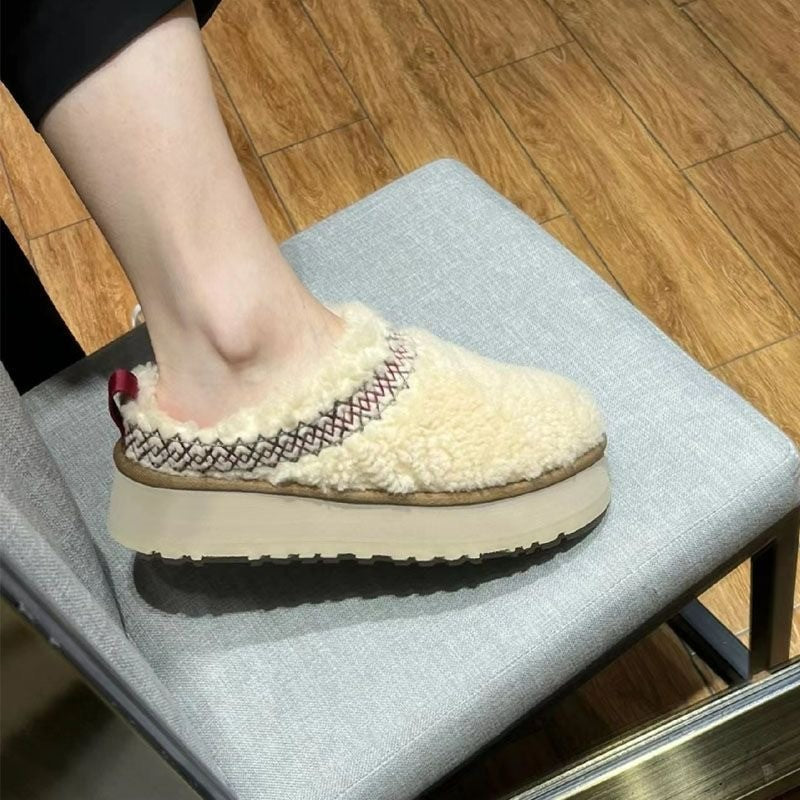 Thick Bottom Increased Closed Toe Fluffy Slippers Wear Velvet Thermal Non-slip Cotton Shoes