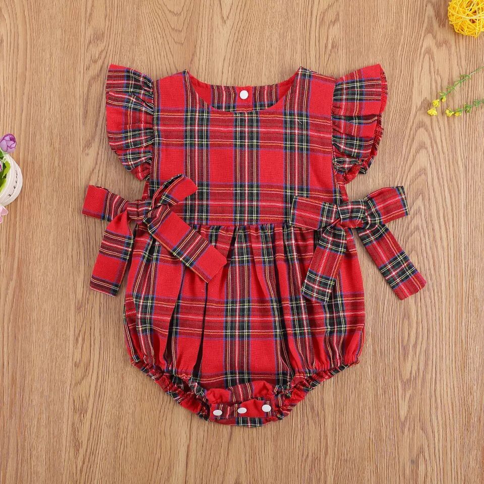 Infant Toddler Summer Stripes Flounced Sleeve Dress Girls' Christmas Plaid Romper