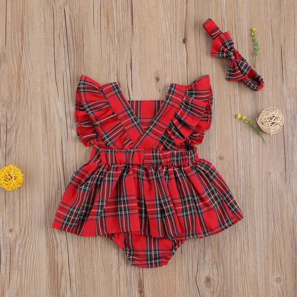 Infant Toddler Summer Stripes Flounced Sleeve Dress Girls' Christmas Plaid Romper