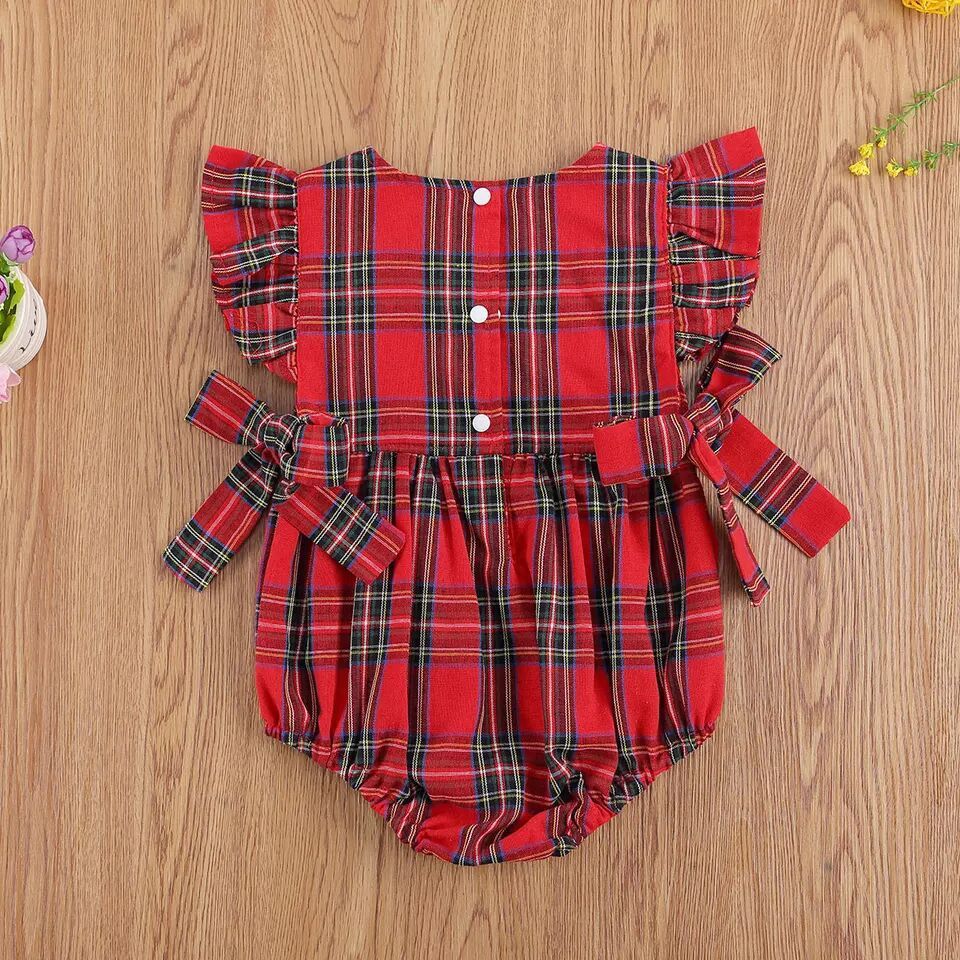 Infant Toddler Summer Stripes Flounced Sleeve Dress Girls' Christmas Plaid Romper
