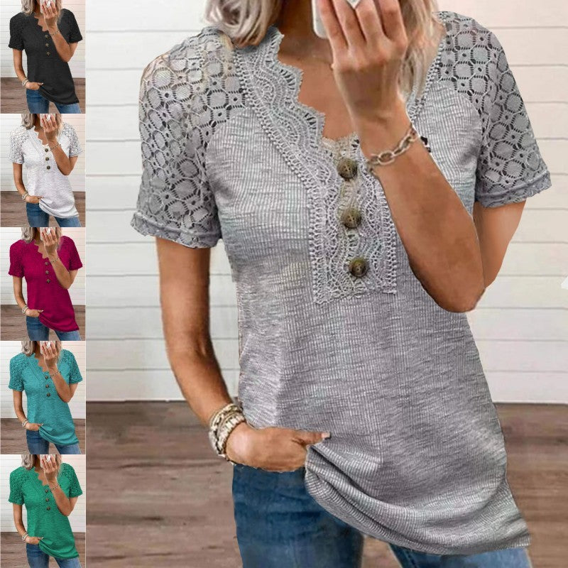 Casual Solid Color Lace V-neck Patchwork Top T-shirt With Short Sleeves