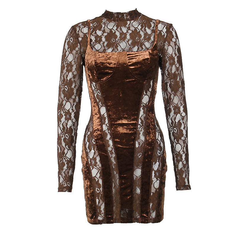 Slim Fit Diamondmax Velvet Lace Hollow Long Sleeve Dress